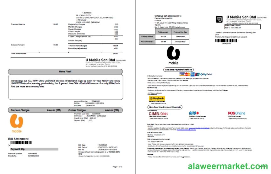 Malaysia U Mobile utility bill template in Word and PDF formats, 2 pages
